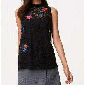LOFT Women’s Black Embroidered Floral Mock Neck Lacey Sleeveless Top Size Small
